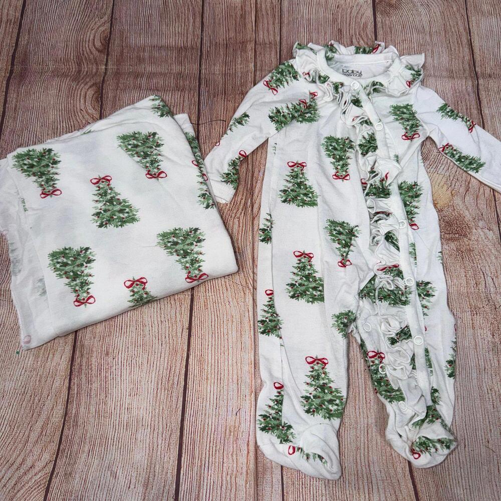 Baby Essentials Christmas Tree Print Ruffle 3 Month Sleeper & Swaddle